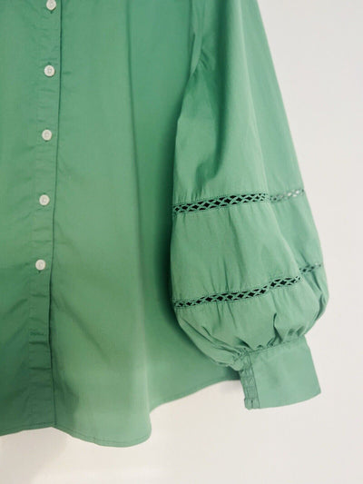CHICO’S Poplin Billow Sleeve Blouse Shirt Sz XL Green Button Up Crochet Boho