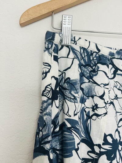 ORVIS 100% Linen Floral Maxi Skirt Sz 12 Blue Zip Closure Cottagecore Boho