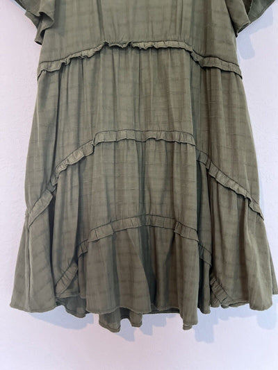 ENTRO Army Olive Green Tiered Tunic Dress Sz M Lined Ruffled V-Neck Boho