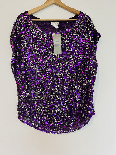 LUDI Sequins Cap Sleeve Blouse Sz M Purple Lined Shiny Party Dance Glitzy Formal