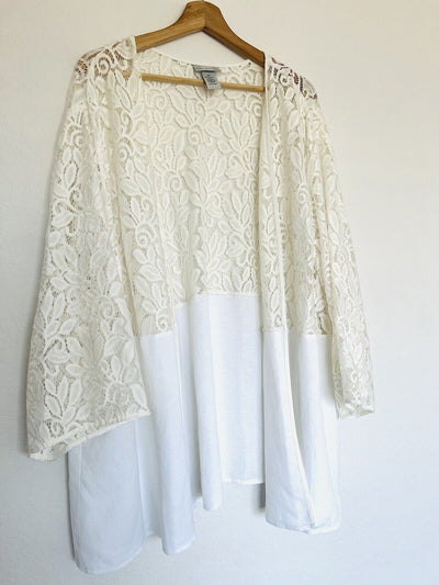 CATHERINES Open Front Blazer Jacket Size 4X Linen Blend Mix Media Lace Boho