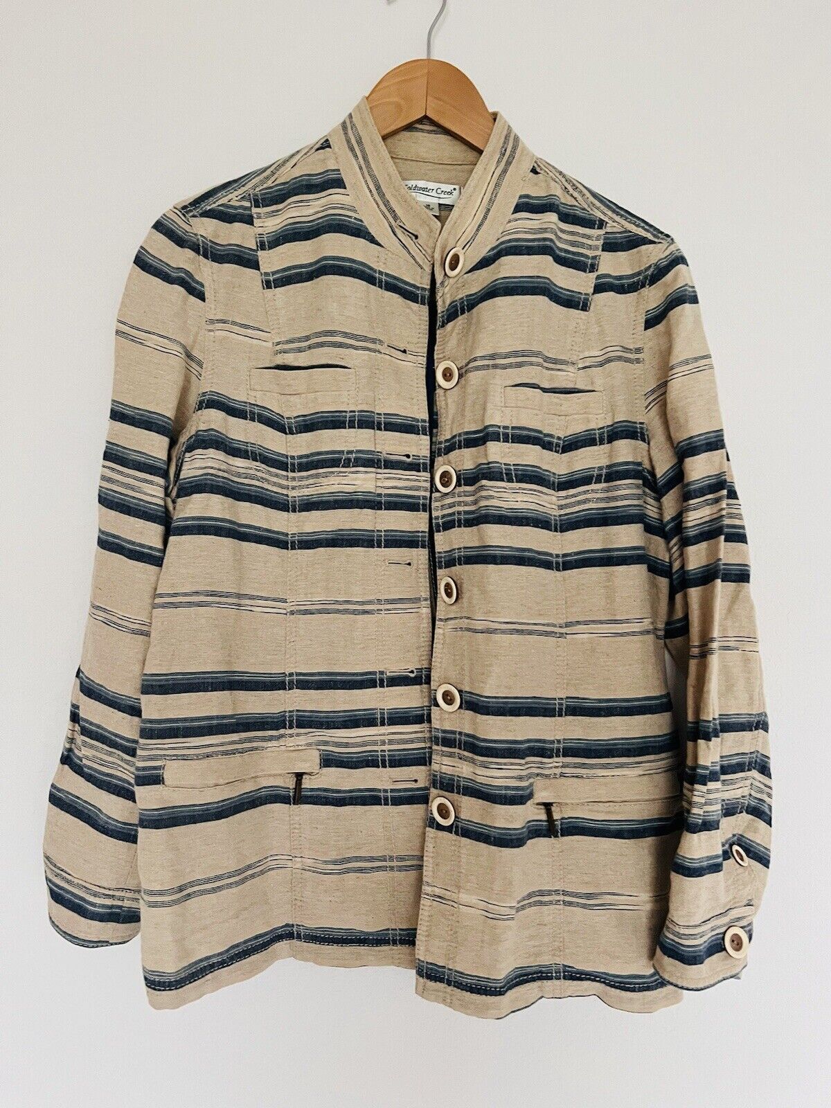 COLDWATER CREEK Linen/Cotton Jacket Sz 16 Tan/Blue Pockets Short Southwest Aztec