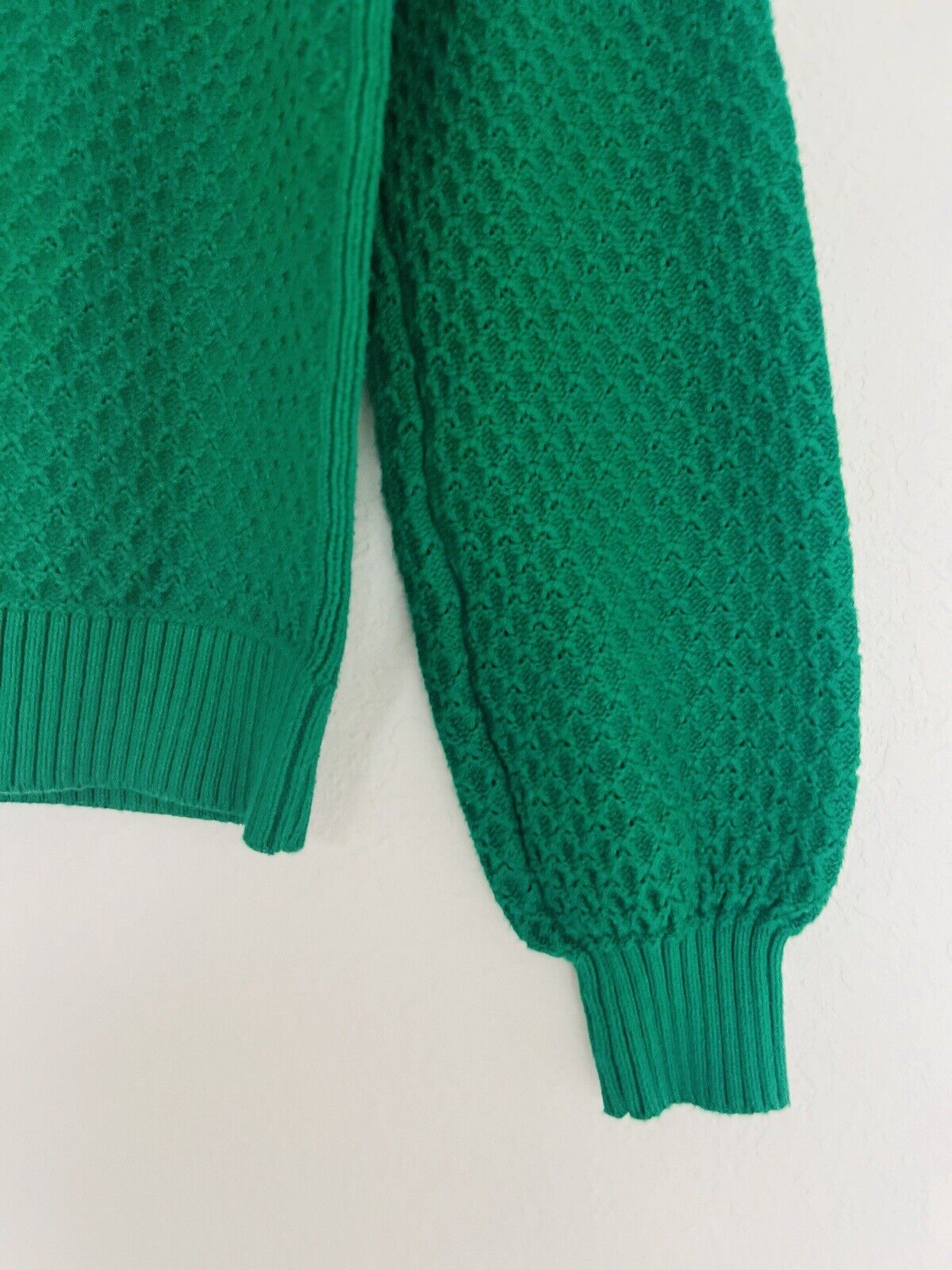 LOFT Pullover Green Knit Sweater Sz M Woven Detail Crew Neck Crop Short Boho