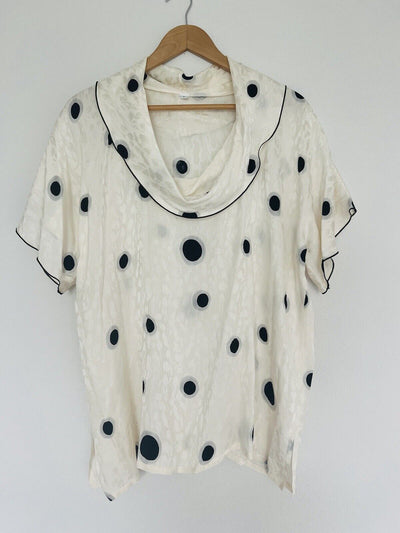 UNBRANDED Ivory Spot Black Blouse Sz 1 Cowl Neck Flowy Pullover Short Sleeve