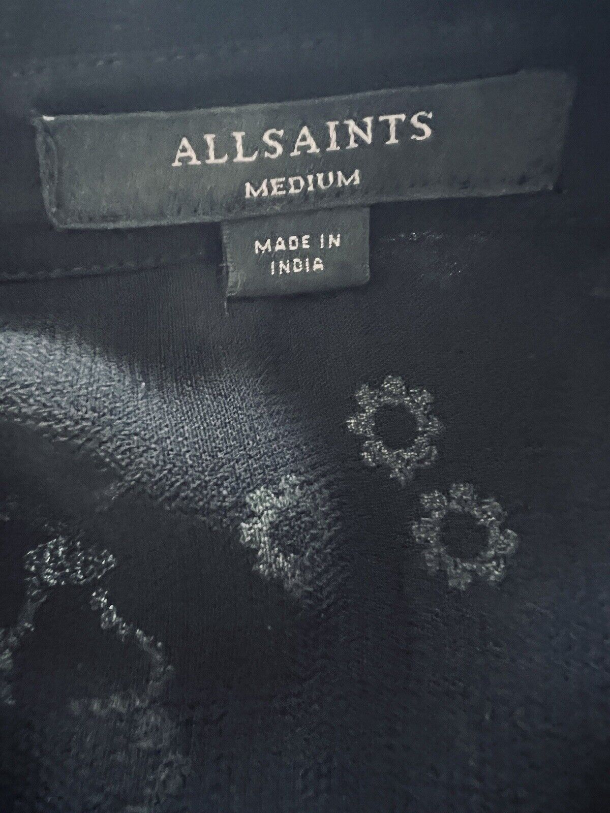 ALLSAINTS Kyra Embroidered Blouse Sz M Black Lightweight Sheer Button Down