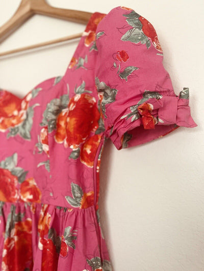 LAURA ASHLEY VTG 80s Dress US Sz 10 Pink Red Floral Cottagecore Bow Puff Sleeve