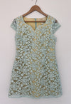 ANTHROPOLOGIE Nick & Mo Floral Blue Dress Sz S Lace Overlay 3/4 Sleeves Coquette