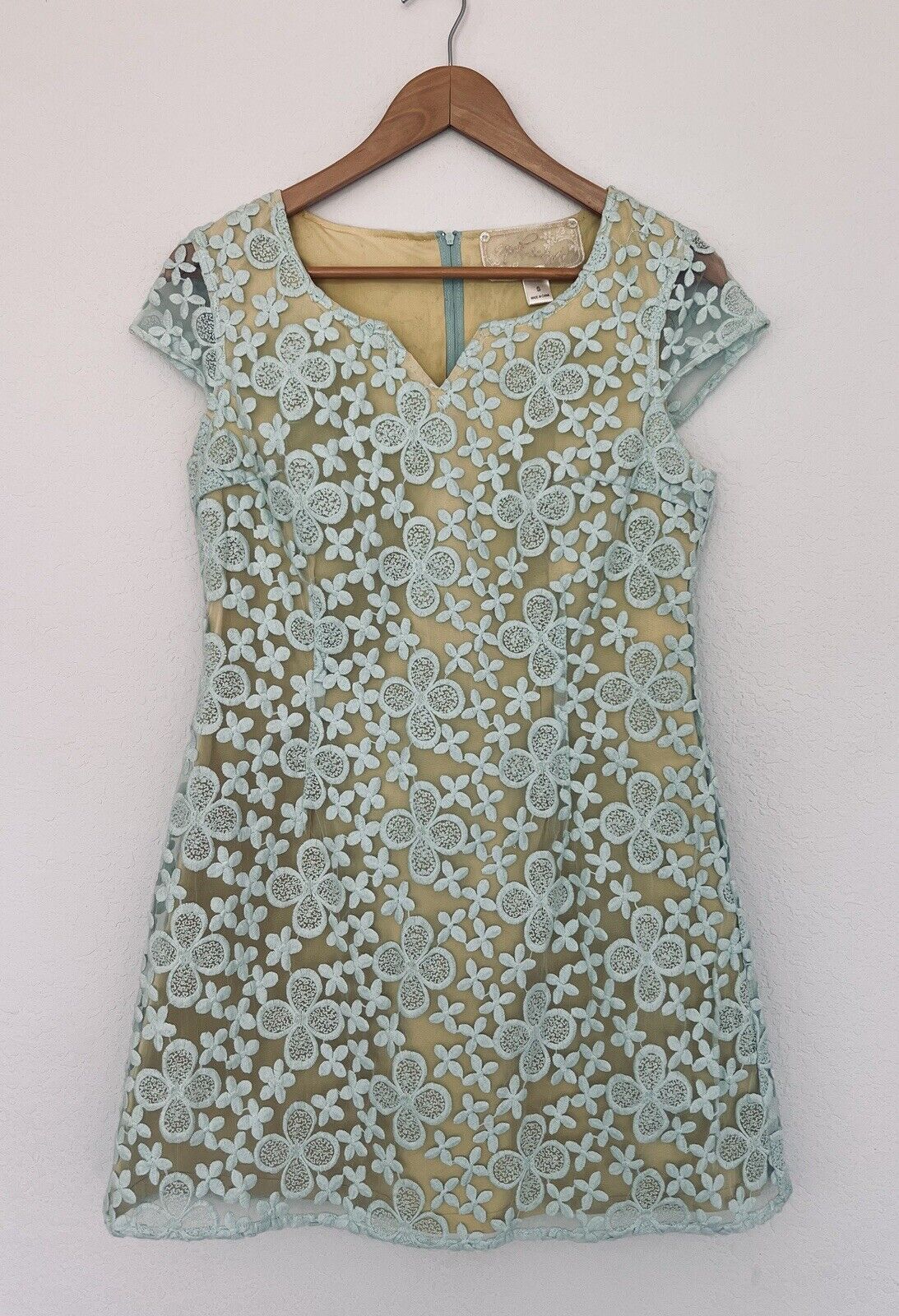 ANTHROPOLOGIE Nick & Mo Floral Blue Dress Sz S Lace Overlay 3/4 Sleeves Coquette