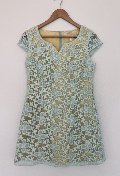 ANTHROPOLOGIE Nick & Mo Floral Blue Dress Sz S Lace Overlay 3/4 Sleeves Coquette