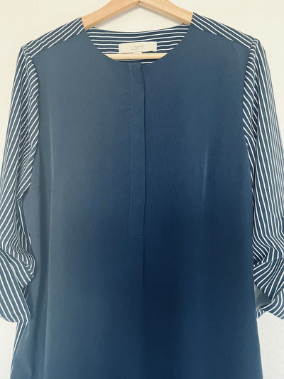 ANN TAYLOR Loft Navy Blue White Shirt Dress Sz M Block Shift 3/4 Sleeve Office