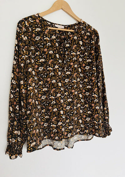 KNOX ROSE Floral Pullover Blouse Sz XL Tie Neck Long Sleeve Tunic Top Boho