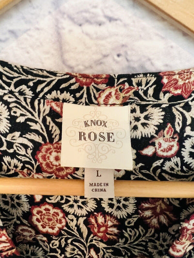KNOX ROSE Womens Dress Size Sz L Black Rust Floral Bell Sleeve Flare Boho Hippie