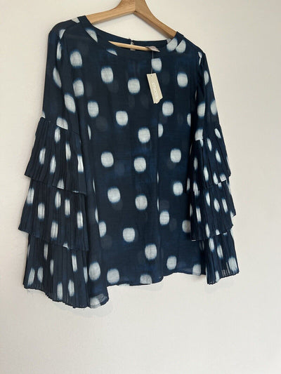 CHICO’S NWT Dot Silk Blend Blouse Sz L Flared Pleat-Sleeve Lightweight Boho
