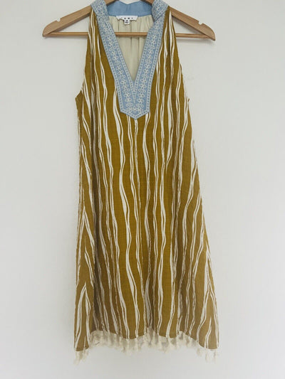 THML Olive Striped Dress Sz S Embroidered V-Neck Lined 100% Cotton Tassel Boho