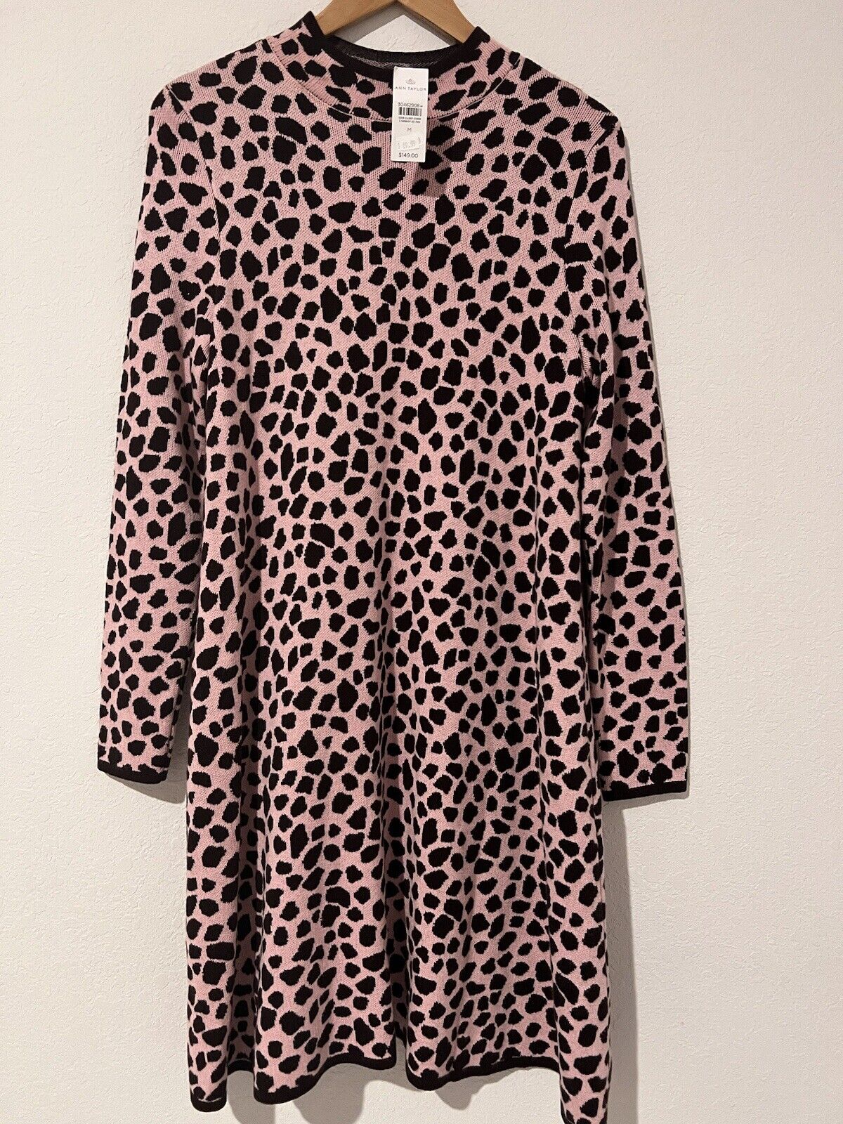 ANN TAYLOR Knit Sweater Dress Sz M Pink Brown Animal Print Long Sleeve Mock Neck