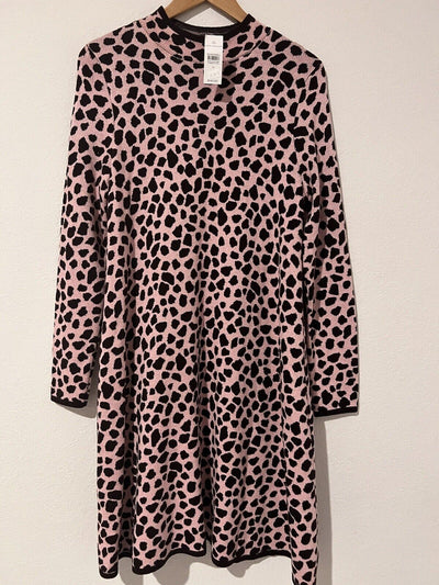 ANN TAYLOR Knit Sweater Dress Sz M Pink Brown Animal Print Long Sleeve Mock Neck