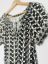 Max Studio Floral Print Blouse Sz L Cream/Black Tie Smock Neck Rayon Blend Boho