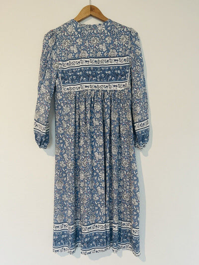 R.Vivimos Boho Dress Long Sleeve Tassel Midi Relaxed Fit Floral Blue Size S 4/6