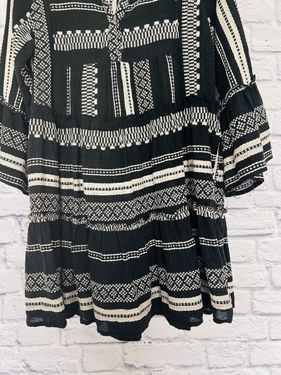 ELAN Thick Woven Babydoll Dress, Black/White Sz M Tribal Western Boho Rodeo