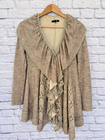 ANTHROPOLGIE RYU Ruffle Lace Cardigan Sz S Beige Long Sleeve Draped Goblincore