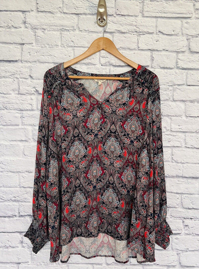KRAZY KAT Woman’s Multicolor Paisley V Neck Long Sleeve Floral Blouse Size 3X
