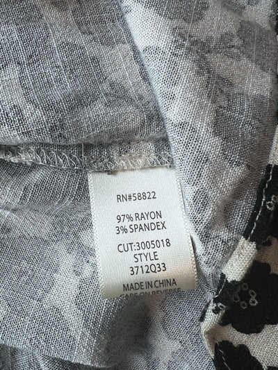 Max Studio Floral Print Blouse Sz L Cream/Black Tie Smock Neck Rayon Blend Boho
