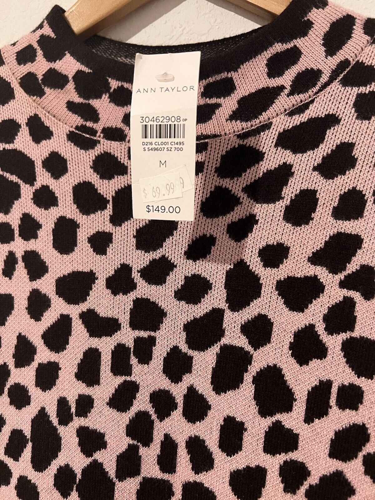 ANN TAYLOR Knit Sweater Dress Sz M Pink Brown Animal Print Long Sleeve Mock Neck