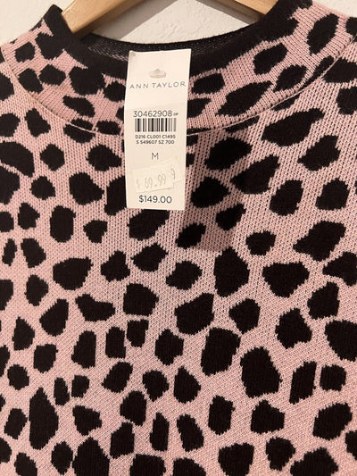 ANN TAYLOR Knit Sweater Dress Sz M Pink Brown Animal Print Long Sleeve Mock Neck