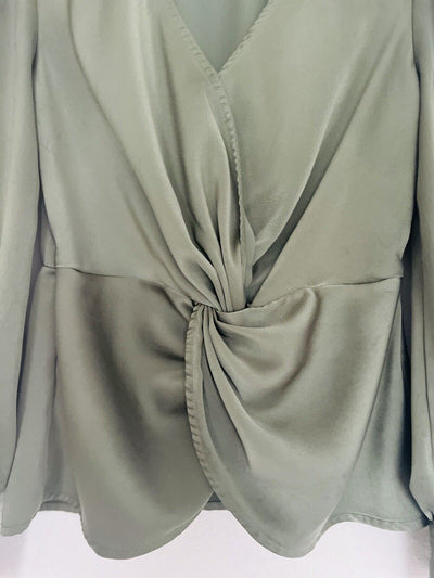 ENTRO Olive Satin Blouse Sz S Balloon Sleeves Flowy Workwear Office