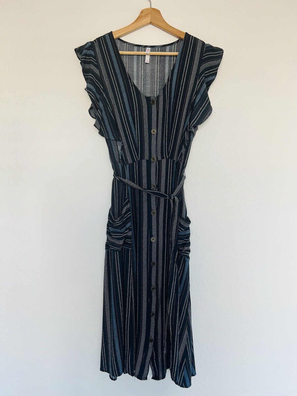 Xhilaration Striped Spring Dress Sz L Blue With Pockets Tie Waist Midi Boho