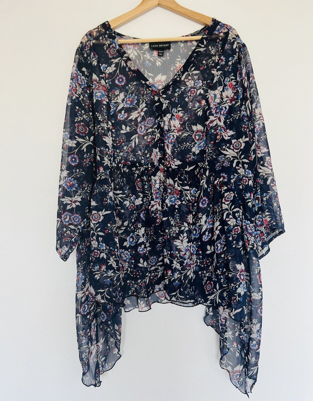 LANE BRYANT Floral Sheer Blouse Sz 22/24 Plus A-Line Babydoll 1/2 Button Boho