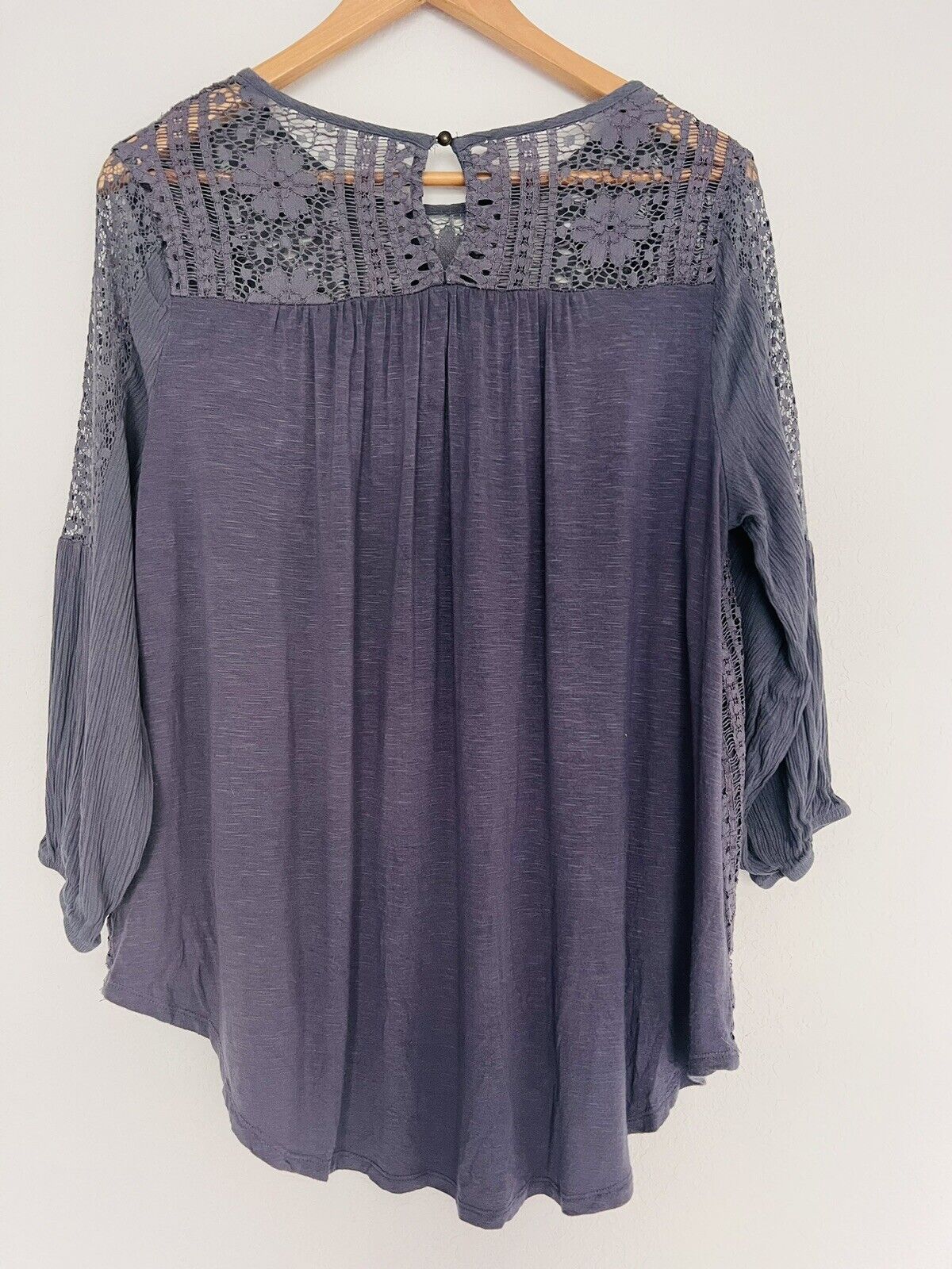 KNOX ROSE Mixed Media Flowy Top Sz L Lace Blouse Balloon Sleeves Boho