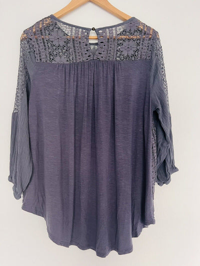 KNOX ROSE Mixed Media Flowy Top Sz L Lace Blouse Balloon Sleeves Boho