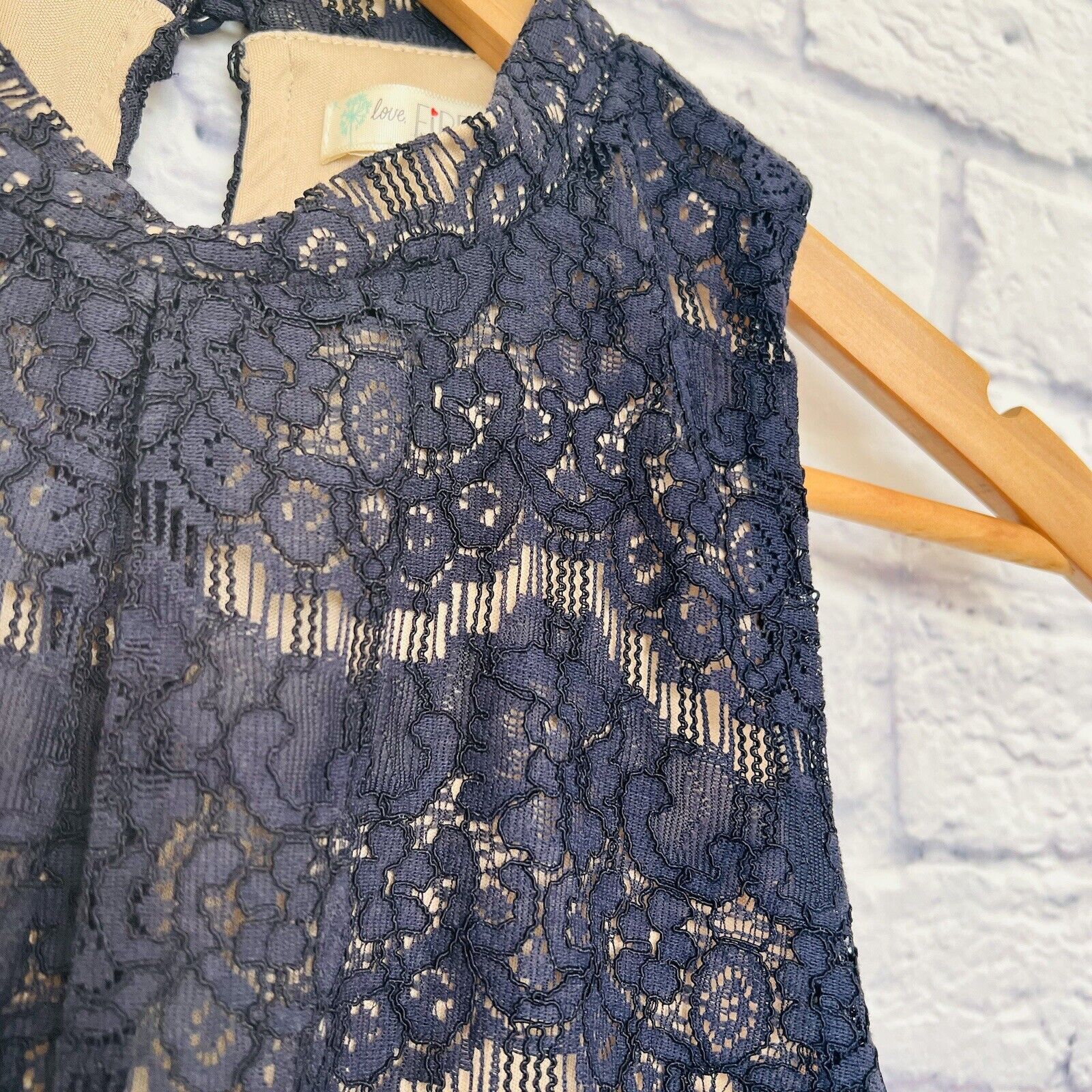 LOVE FIRE Navy Blue Lace Halter Top Nude Lining Large Boho Feminine