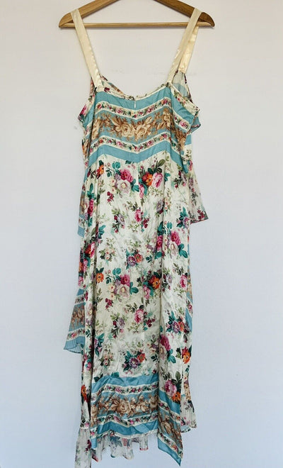 REFORMATION AMUR Silk Floral Slip Dress Sz 12 Asymmetrical Pleated Ruffle