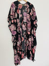 TORRID Black/Pink Floral Short Sleeve Kimono Sz 1/2 Open Front Boho Western