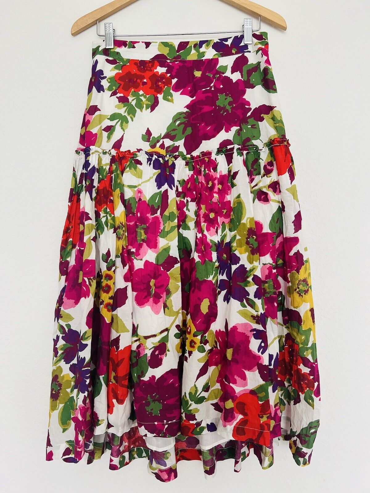 SUNDANCE Full Floral Maxi Skirt Sz S Pink Cotton Tiered Lined Side Zip Boho