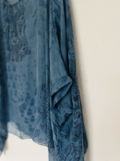 AMBRA 100% Silk Floral Tunic Blouse 3/4 Sleeve Blue Paisley Poncho Style Boho