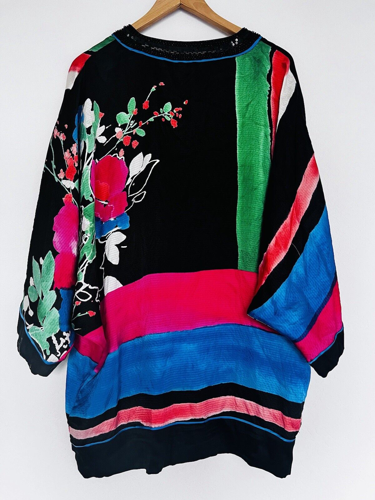 BEBE 100% Silk Embellished Tunic Dress  Sz MColorful Bat Sleeves Flowy Artsy 90s