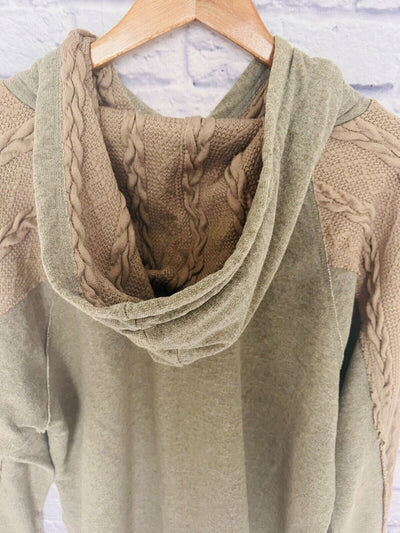 ODDI Hooded Pullover Sweatshirt Sz L Cable Knit Detail Sweater Beige Boho