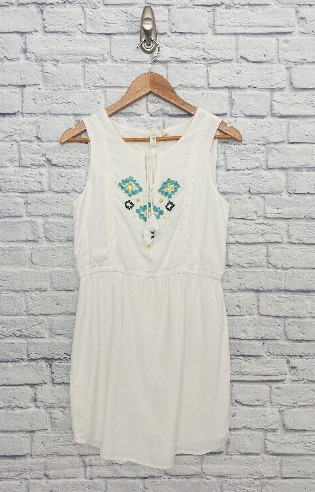 KENZIE White Turquoise Dress Beaded Sz 6 Sleeveless Cotton Lined Boho Western