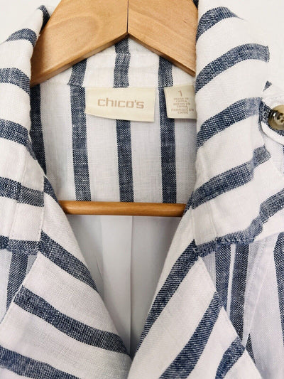 CHICO’S 100% Linen Striped Vest Sz M Blue/White Collar Open Front Lined Nautical