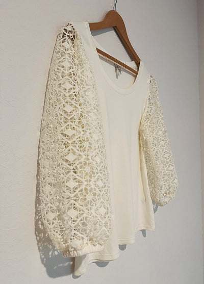 CATO Crochet Detail Sleeve Top Sz M Ivory Mix Media Jersey Knit Boho Blouse