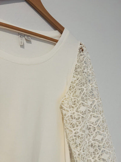 CATO Crochet Detail Sleeve Top Sz M Ivory Mix Media Jersey Knit Boho Blouse