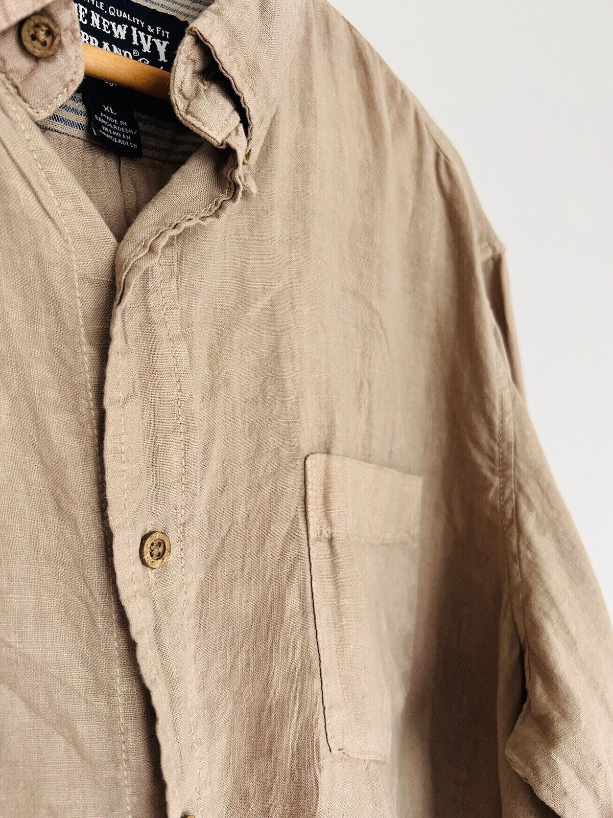 THE NEW IVY BRAND Mens Button Up Shirt Sz XL Beige 100% Linen Long Sleeve
