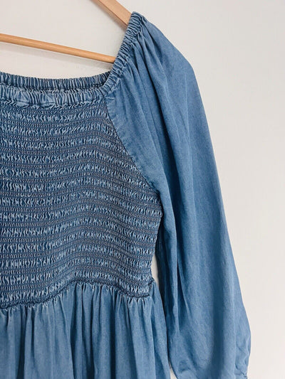 UNBRANDED Smocked Tiered MIDI Dress Blue Puff Sleeve Long Peasant Boho
