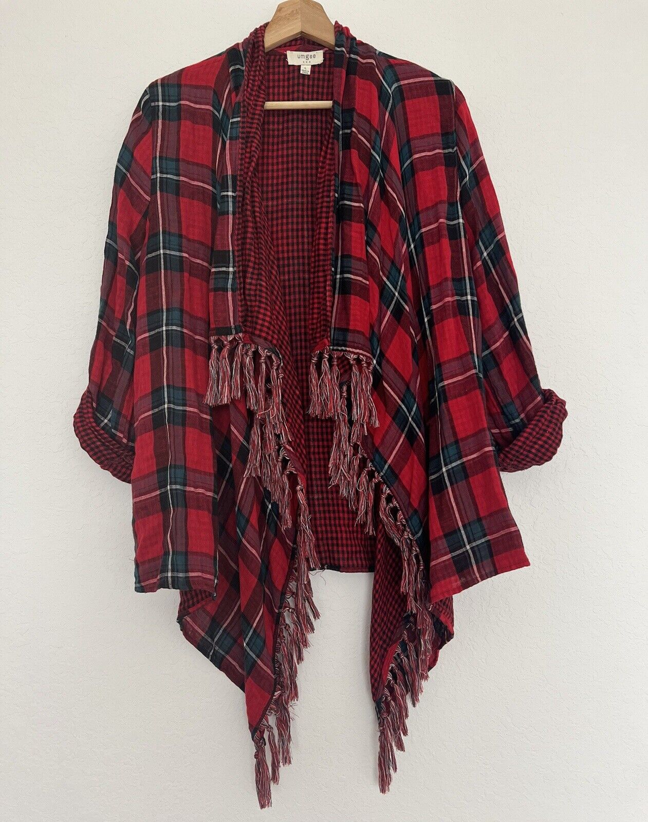 UMGEE Flannel Plaid Cardigan Sz L Open Waterfall Roll Tab Sleeves Boho Western