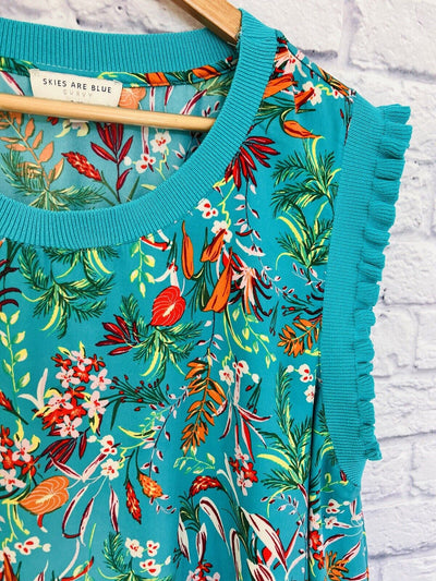 SKIES ARE BLUE Women Sleeveless Top Sz 3X Floral Print Mix Media Ruffle Blouse