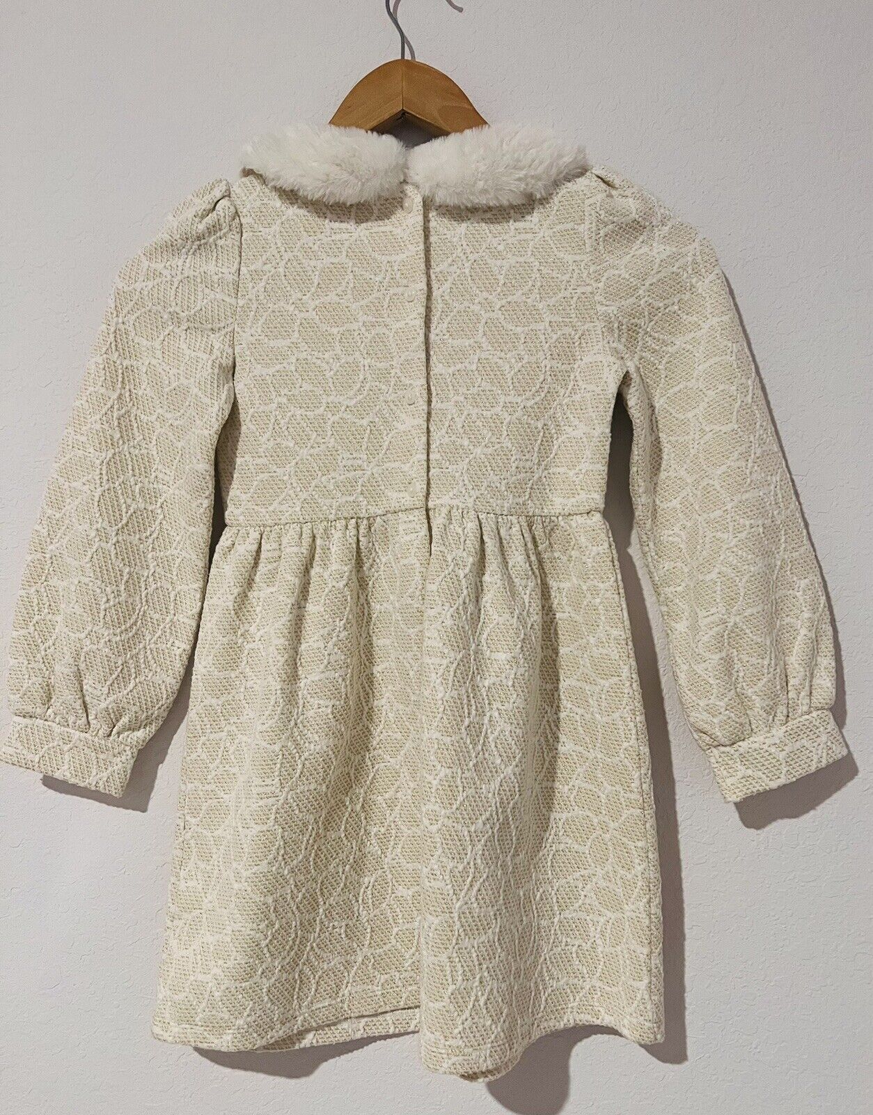 JANIE AND JACK Woven Girls Dress Sz 7 Heavy Knit Gold Detail Faux Fur Easter