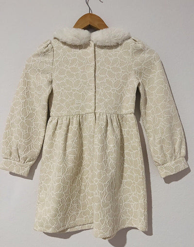 JANIE AND JACK Woven Girls Dress Sz 7 Heavy Knit Gold Detail Faux Fur Easter